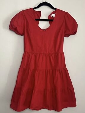 Women's Red Puff-Sleeve Asymmetrical Tiered Dress